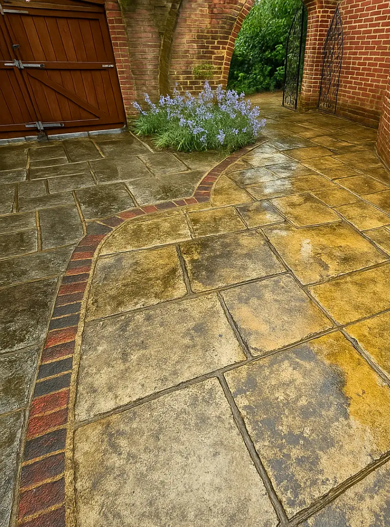 Curved sandstone garden path before cleaning